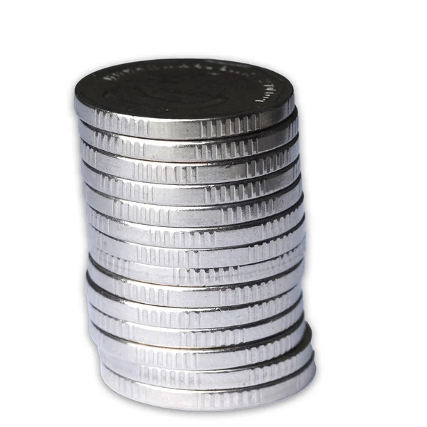 Колонна Монет Белого Металла Белом Фоне — стоковое фото