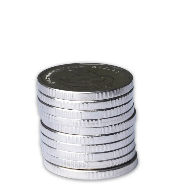 Eine Säule Mit Münzen Aus Weißem Metall Auf Weißem Hintergrund — Stockfoto