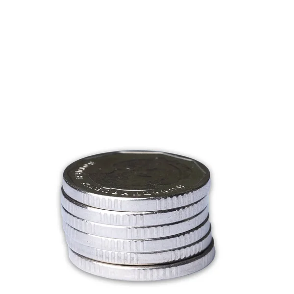 Kolumn Med Mynt Tillverkade Vit Metall Vit Bakgrund — Stockfoto