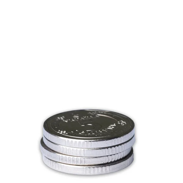 Μια Στήλη Νομισμάτων Από Λευκό Μέταλλο Λευκό Φόντο — Φωτογραφία Αρχείου