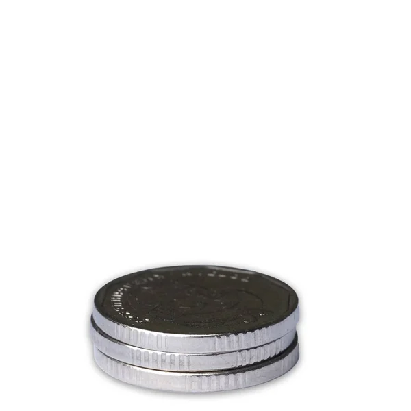 Kolumn Med Mynt Tillverkade Vit Metall Vit Bakgrund — Stockfoto