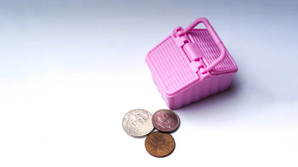 Kleiner Rosafarbener Korb Mit Münzen Verschiedener Stückelungen Großaufnahme — Stockfoto