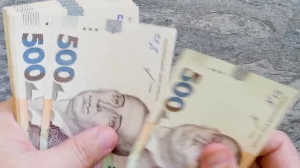 Het Tellen Van 500 Oekraïense Hryvnia Bankbiljetten Handen — Stockvideo