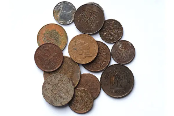 Grupp Europeiska Engelska Amerikanska Ukrainska Sovjetiska Små Slitna Mynt Närbild — Stockfoto