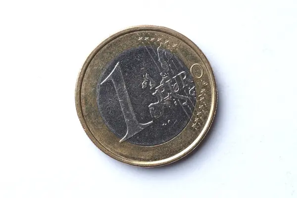 2008年 一枚描绘莫扎特的欧洲1枚硬币在欧洲流通 有轻微的擦伤和划伤 其背面是白色背景 — 图库照片