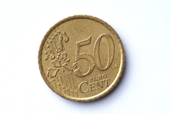 2002年に流通していたヨーロッパの50 の硬貨の表面には 白い背景に小さな傷や傷があり — ストック写真