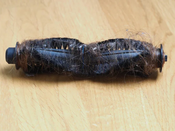 the brush of a home robot vacuum cleaner with long female hair wound on it after cleaning the apartment