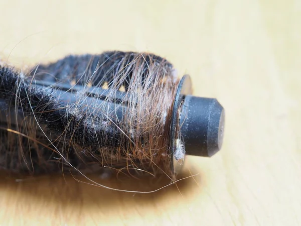 the brush of a home robot vacuum cleaner with long female hair wound on it after cleaning the apartment