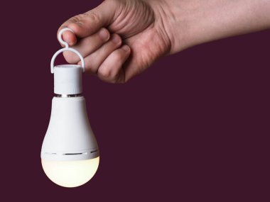Bordo bir arka planda bulunan birinin elinde açık bir LED şarj edilebilir lamba.