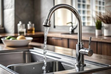 Modern mutfak, arka planda lavabo ve musluk var.