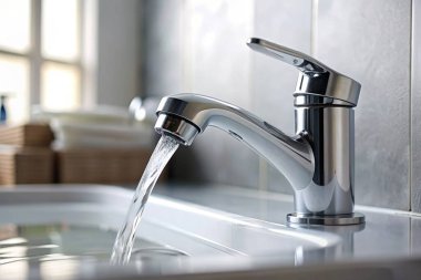 Banyoda musluğu olan su musluğu, yakın çekim.