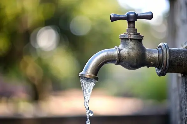 Çeşmenin arka planında musluk var.