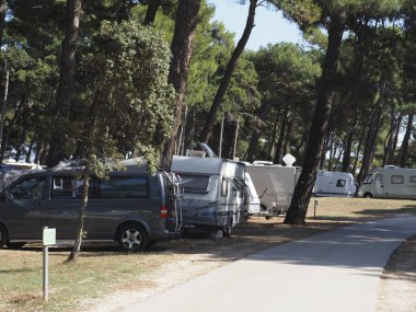 Bir çam ormanının ortasında karavan ve çadırlarla kamp yapmak.