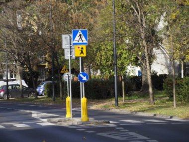 Sonbaharda trafik işaretleri olan bir şehir parkında yaya geçidi