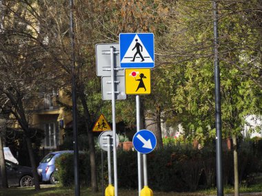 Ağaçlar ve arabalarla dolu bir sonbahar parkında yol işaretleri.