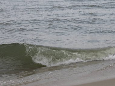 Denizde bulutlu bir günde kumlu kıyıya dalga çarpıyor.