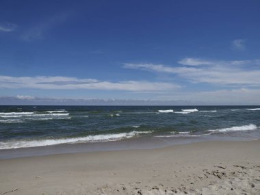 Bir yaz günü ufukta dalgalar ve mavi gökyüzü olan sahil manzarası