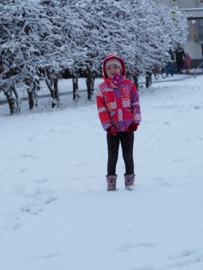 Renkli Kışlık Ceketli Çocuk Karla kaplı ağaçlarla Karlı Park 'ta duruyor