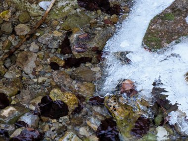 Kış Ormanı 'ndaki buzla kaplı kayalar arasında akan hızlı dağ akıntısı.