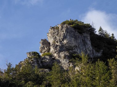 Engebeli kireçtaşı dağ sırtı, birden fazla Rocky tepesi Parlak Mavi Gökyüzü Altında Bahar Ormanı 'nın üstünde yükseliyor.