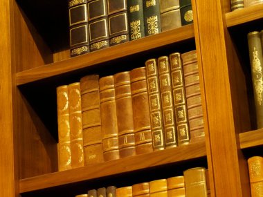 Klasik Ahşap Kütüphane raflarına dizilmiş dekoratif desenli Altın işlemeli Deri Kitap Omurgaları