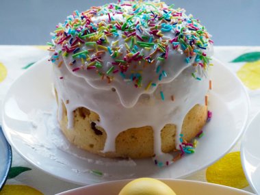 Geleneksel Paskalya Pastası Beyaz Parlak ve Gökkuşağı Serpiştirilmiş Beyaz Tabak Etrafı Bahar Dekorasyonlarıyla çevrili