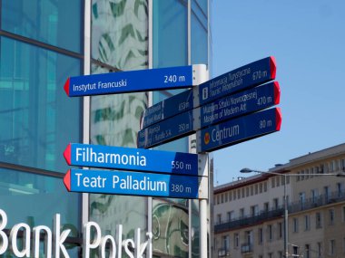 Şehir Varşova Ayarları 'ndaki Bank Polski Binası' nın yakınındaki Filarmoni ve Tiyatro 'yu gösteren Sokak Yönetmenleri