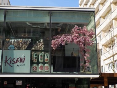 Kentsel Ayarlarda Sakura Çiçekleri ve Cam Ekranlı Kiseki Japon Restoran Dükkanı