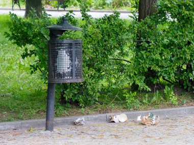 Yeşil Varşova Parkı 'ndaki güvercinlerle çevrili şehir parkı bankı.