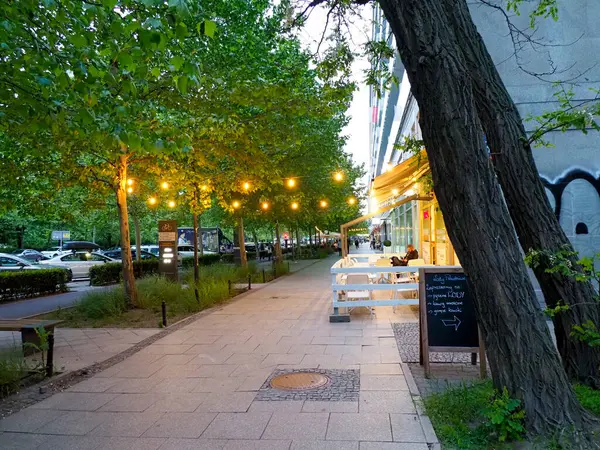 Yeşil ağaçları aydınlatan sicim ışıkları ve şehir parkında barışçıl bir yürüyüş yolu olan şehir merkezi.