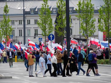 Siyasi miting sırasında Polonya ve Avrupa bayraklı göstericiler Varşova caddesinde toplandı