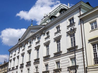 Görkemli beyaz neoklasik saray binası, bulutlu dramatik mavi gökyüzüne karşı süslü detaylar.