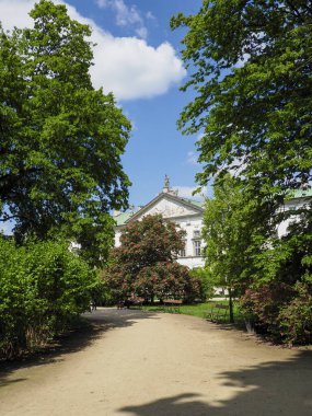 Arka planda klasik bina görünen huzurlu parktan geçen ağaçlık patika.