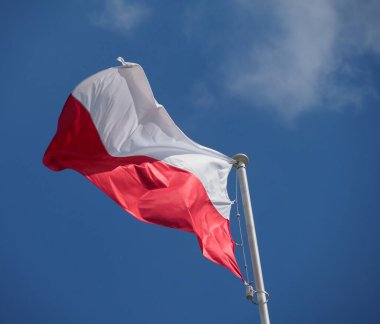 Canlı kırmızı ve beyaz çizgili dinamik Polonya bayrağı güçlü rüzgarda dalgalanır.