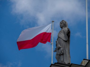 Polonya ulusal bayrağı mavi gökyüzüne karşı sallanıyor. Tarihi heykel vatanseverce sergileniyor.