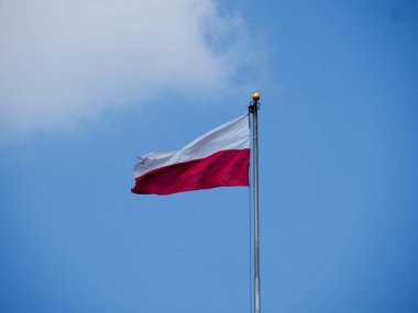Gündüz vakti açık mavi bulutlu gökyüzüne doğru rüzgarda dalgalanan Polonya bayrağı