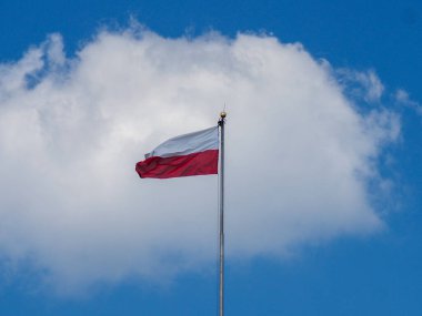 Polonya ulusal bayrağı beyaz bulutlu, dramatik bulutlu gökyüzüne dinamik bir şekilde dalgalanıyor