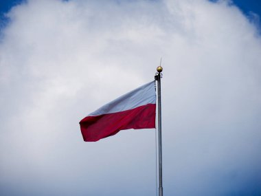 Açık güneşli bir günde beyaz bulutlarla parlak mavi gökyüzüne çarpan Polonya bayrağı