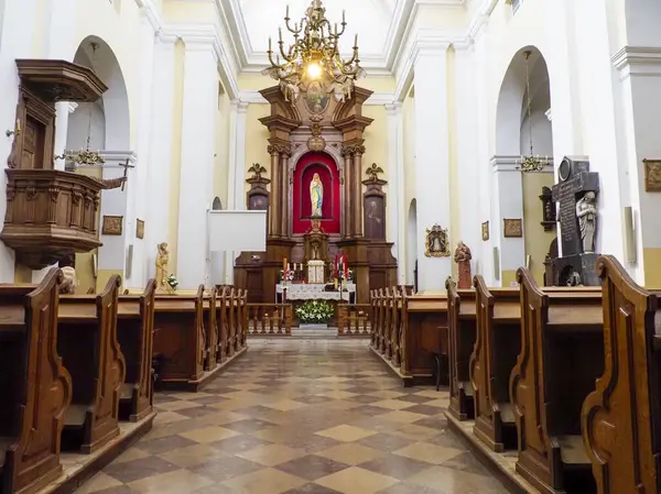 Zarif barok kilise iç mimarisi süslü ahşap sunak ve yüksek tavan altında sıralar.