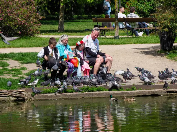 Parktaki bankta oturan çok nesilli bir aile grubu büyük bir şehir güvercini sürüsünü besliyor.