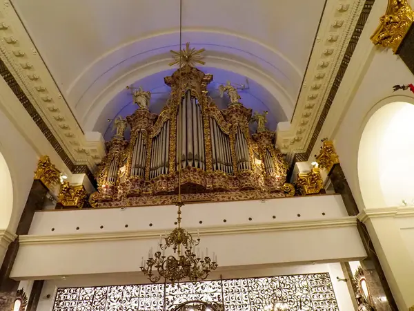 Altın boruları ve süslü barok balkonu olan büyük kilise orgu muhteşem dini müzik mimarisi sergiliyor.