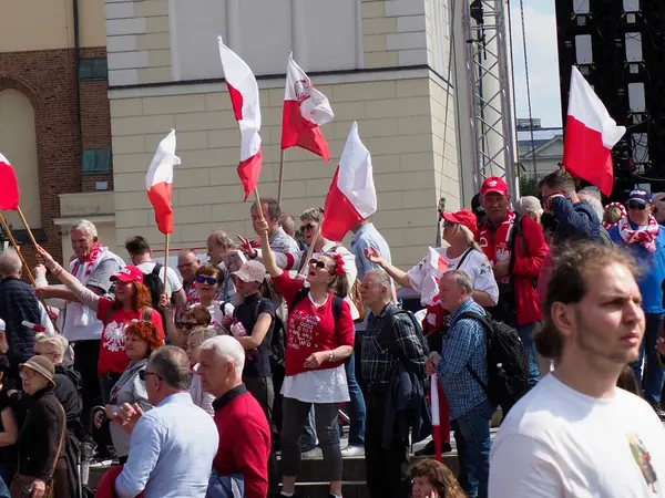 Şehir meydanında ulusal bayraklarla vatansever mitingine katılan çeşitli Polonya vatandaşları grubu