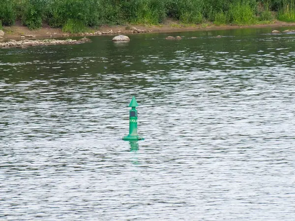 Yeşil navigasyon şamandırası, nehir suyunda doğal kıyı şeridi ve orman arka planında huzur içinde yüzüyor.