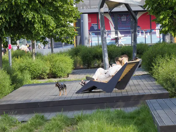 Ahşap iskemlede dinlenen kişi kentsel park ortamındaki yemyeşil bitki örtüsüyle çevrili.