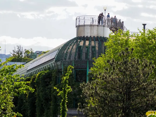 Tarihsel cam kubbe konservatuar binası yeşil ağaçlarla çevrili kentsel botanik bahçesinde mimari miras sergileniyor.