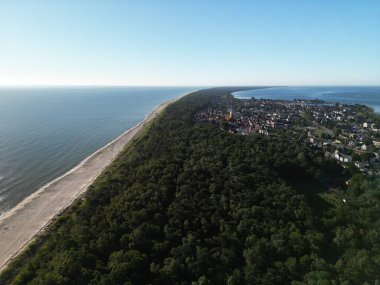 Baltık Denizi sularına tepeden bakan yoğun ormanlık kıyı yarımadasının havadan panoramik görüntüsü