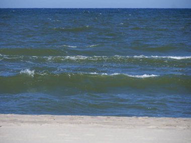 Zümrüt yeşili Baltık Denizi dalgaları kumlu kıyılarda yuvarlanıyor ve köpük ve suyun ritmik desenini oluşturuyor.