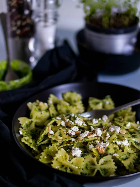 Pasta with pesto.Cooking process step by step in the kitchen. High quality photo