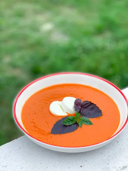 A delicious tomato soup topped with basil and cheese served in a bowl as part of a comforting food experience on the tableware