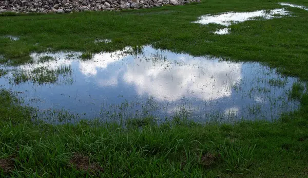 Suyun içinde yansıyan bulutlarla çevrili sığ gölet..